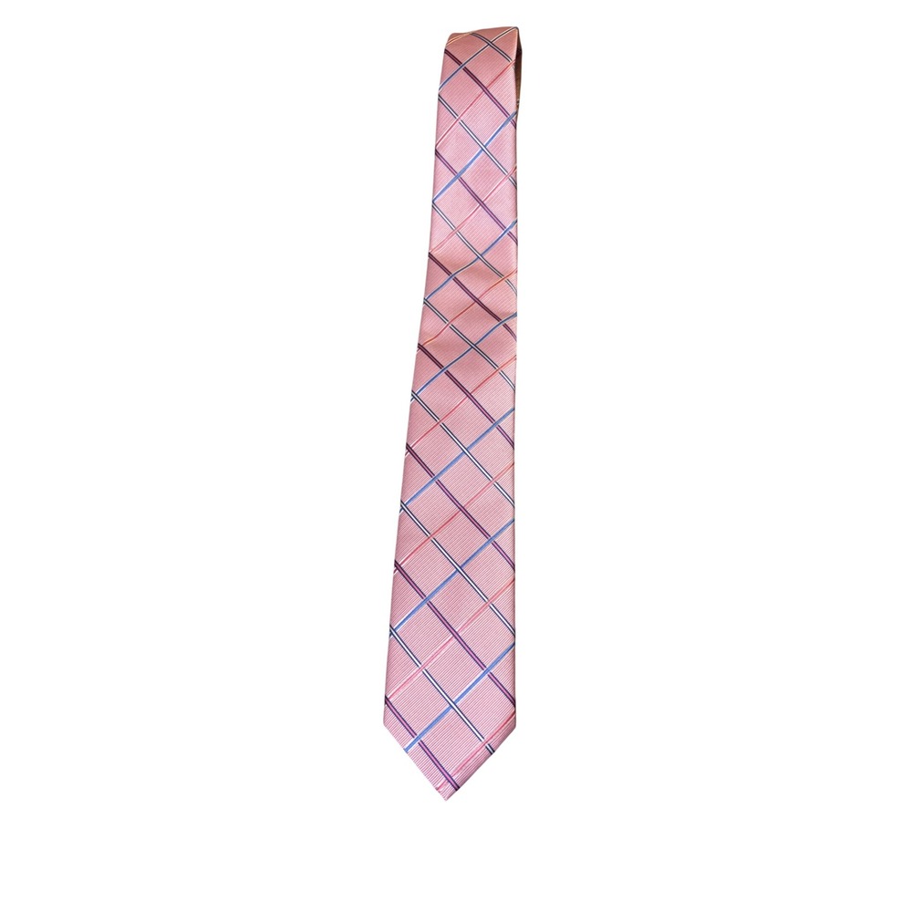 IZOD Necktie Mens One Size Pink Blue Plaid Microfiber Textured Dress Tie